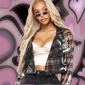 transparent plaid cropped moto jacket